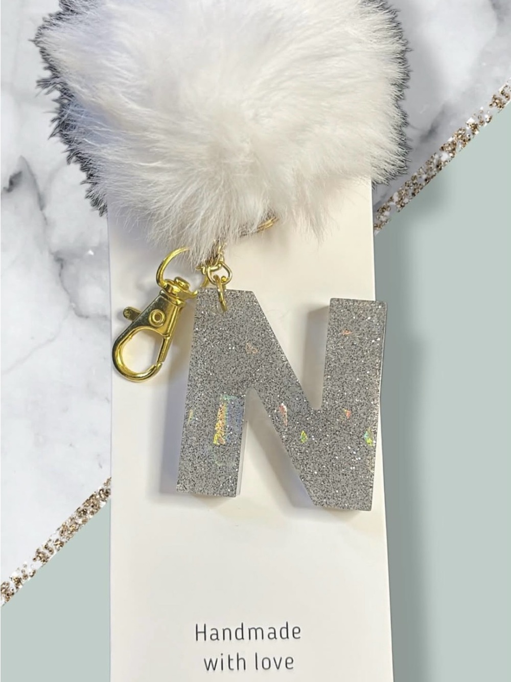 Personalized Silver Glitter 'N' Pom Initial Keychain - Letter N